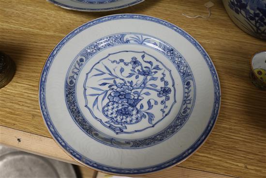 A Chinese blue and white bowl, two plates and two teabowls tallest 17.5cm